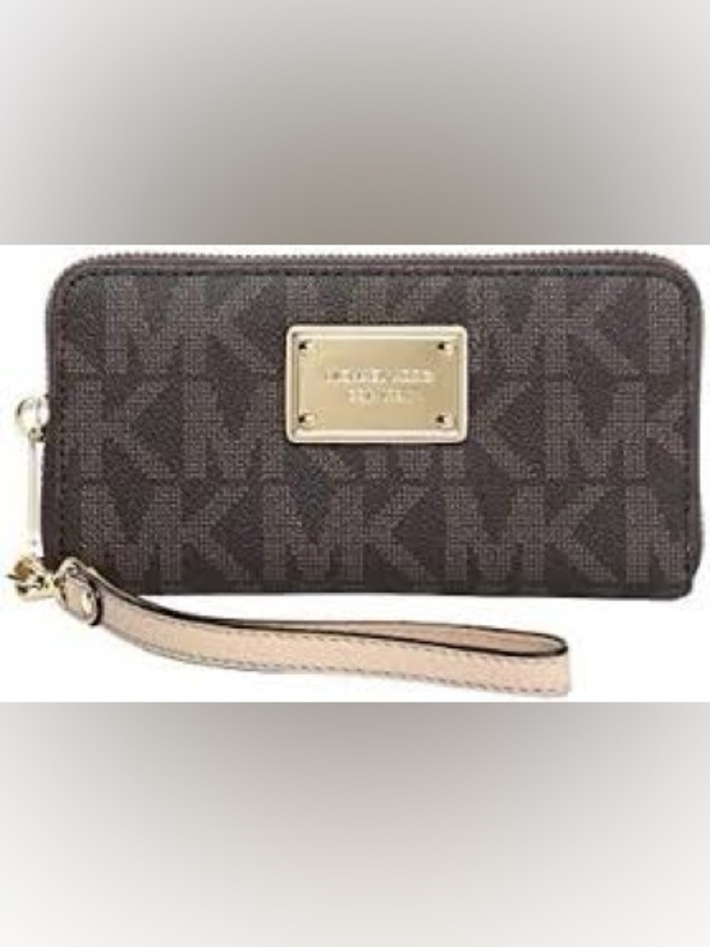 Michael Kors Brown and Beige Logo Zip Wristlet with Gold Plate